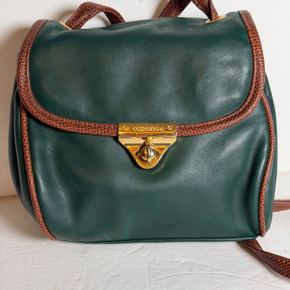 Vintage Capezio Green Leather Crossbody Bag Brown Reptile Trim Taiwan